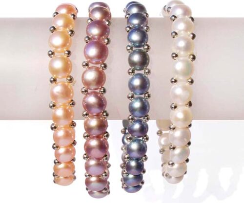 Pink, Mauve, Black and White Stretchable Button Pearl Bracelet