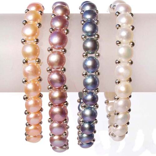 Pink, Mauve, Black and White Stretchable Button Pearl Bracelet