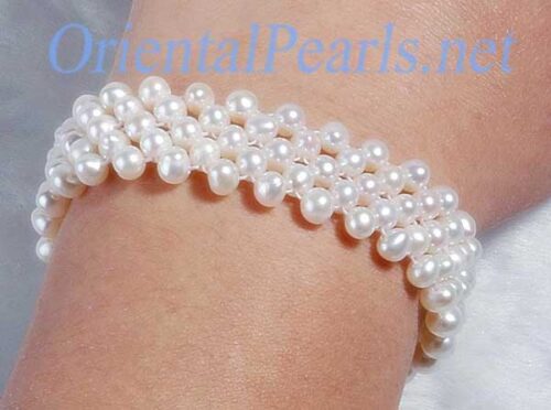 White Multi-strand Pearl Bracelet, 925 Sterling Silver