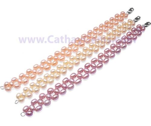 White, Pink and Mauve Chic Three Rows Rice Pearl Bracelet, 925 SS Clasp