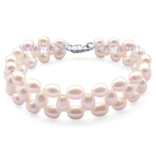 Chic Three Rows Rice Pearl Bracelet with 925 Sterling Silver Clasp