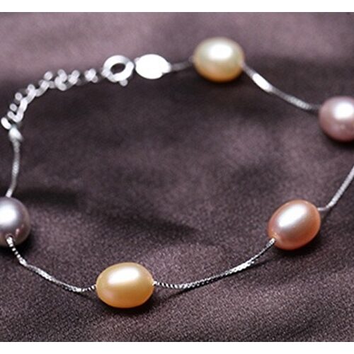 White, Pink and Mauve 7-8mm AAA Rice or Drop Pearl Tin Cup Bracelets in 925 Sterling Silver, Adjustable
