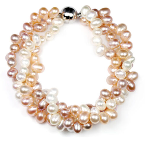 White/Mauve/Pink 3 Row Pearl Bracelet, Magnetic Clasp