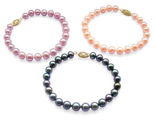 Mauve, Pink and Black 7-7.5mm Pearl Bracelet, 14K Yellow Gold
