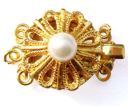 White 5mm Costume Pearl Filigree Style 3-row Clasp, 18K YG overlay