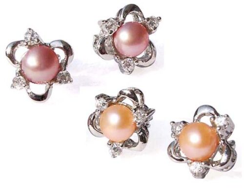 Pink and Mauve Tiny 4-5mm Pearl Stud Earrings in 925 SS Clover Shaped Setting with 3 Cz Diamonds