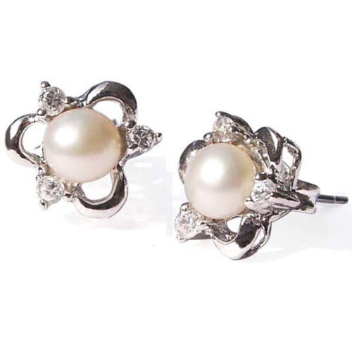 Tiny 4-5mm Pearl Stud Earrings in 925 Sterling Silver Clover Shaped Setting with 3 Cz Diamonds