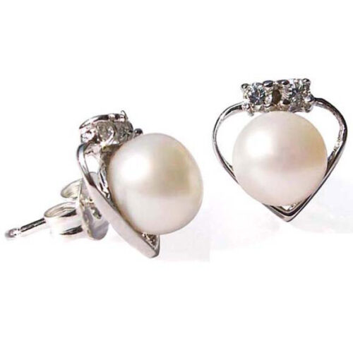 6-7mm Stud Earrings in 925 Sterling Silver Heart Setting with Cz Diamonds
