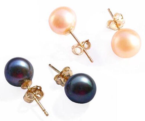 7-7.5mm AAA Pink and Chocolate Round Pearls 14k Gold