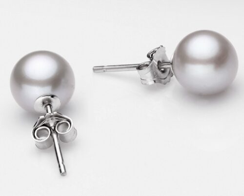 Grey 7-8mm AAA- Round Pearl Stud Earrings, 925 Sterling Silver
