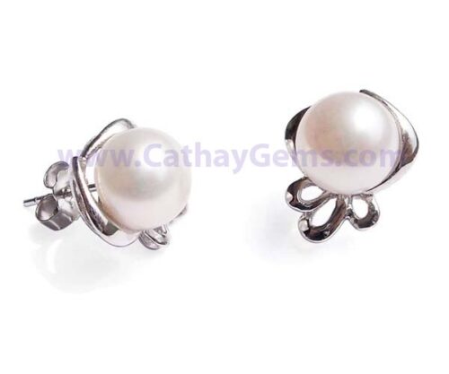 White 7-8mm Genuine Pearl Earrings in a 925 Sterling Silver Setting with a Flower Design