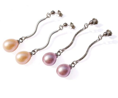 Mauve and Pink Elegant Styled Teardrop Pearl Earrings, 925 SS