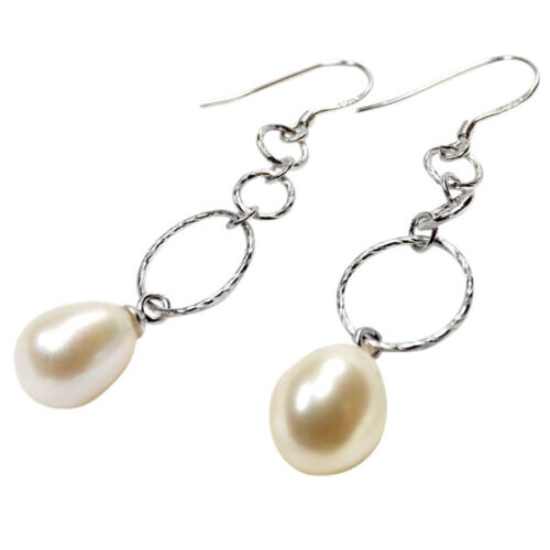 Dangling 3 Hoop Drop Pearl 925 Sterling Silver Pearl Earrings