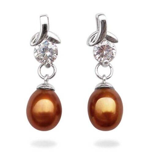Chocolate High Quality 7-8mm Teardrop Pearl Earrings in 925 Sterling Silver with a Round Cz Diamond