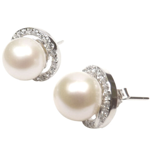 Beautiful 925 Sterling Silver Pearl Diamond Circle Earrings
