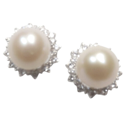 9-9.5mm Pearl w/Lab Created Diamond Earrings 925 Sterling Silver Gorgeous