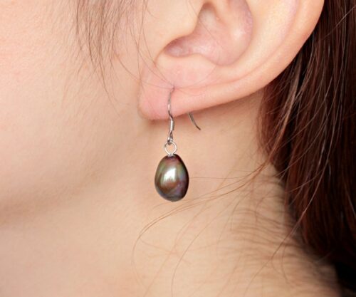 Black 9-10mm Baroque Pearl Earrings, 925 Sterling Silver