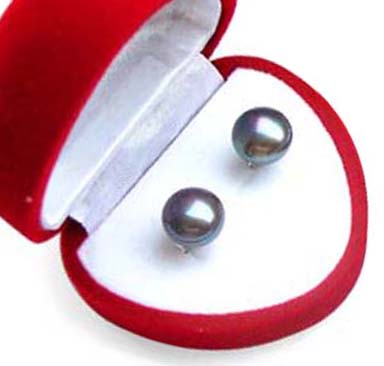 Black 9-9.5mm Large Genuine Pearl Stud Earrings, 925 SS