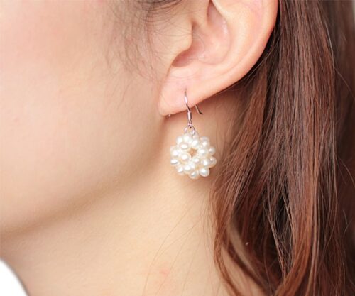 White 3.5-4.5mm Semi-round Pearls Snow Ball SS Earrings