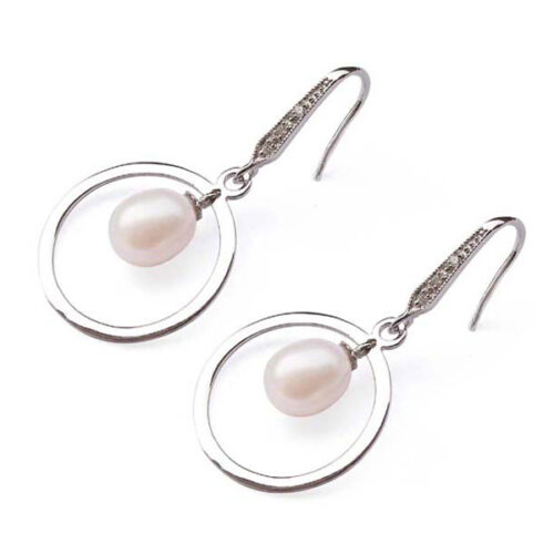 6-7mm AAA Drop Pearl Silver Earrings in a Hoop with Cz Diamonds