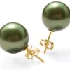Peacock Green 10mm or 12mm Southsea Shell Pearl Stud Earrings in 14k YG