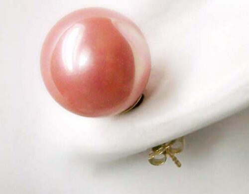 Rose Pink 10mm or 12mm Southsea Shell Pearl Stud Earrings in 14k YG