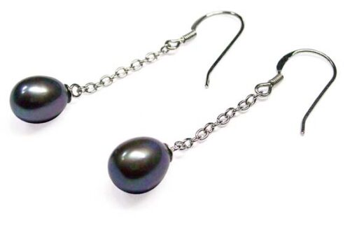 Black 7-8mm Dangling Teardrop Pearl Earrings Silver