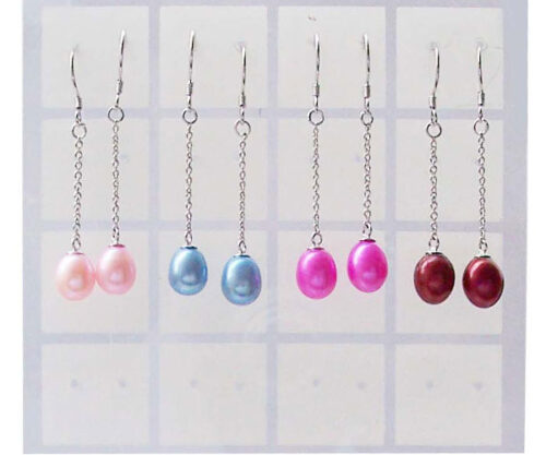 Baby Pink, Royal Blue, Hot Pink and Cranberry 7-8mm Dangling Teardrop Pearl Earrings Silver