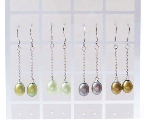 Olive Green, Light Green, Grey and Dark Gold 7-8mm Dangling Teardrop Pearl Earrings Silver