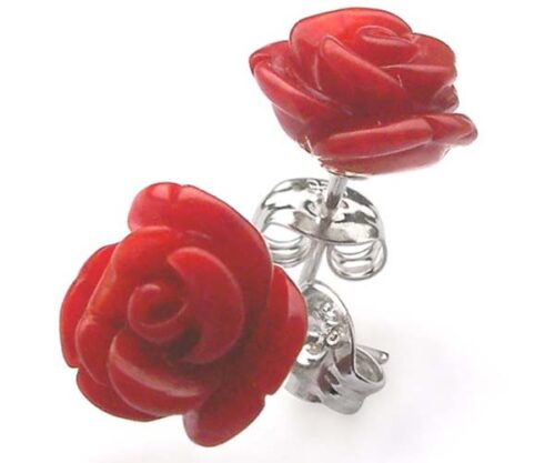Red Rose Shaped Coral Earrings in 925 SS