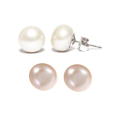 Freshwater White and Pink Button Pearl Stud Earrings 925S Silver
