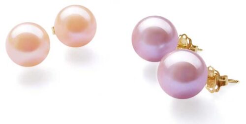 Pink and Mauve 8-8.5mm AAA Round Pearl Earrings, 14k YG