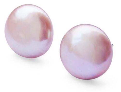 Mauve 11-12mm Coin Pearl Stud Earrings, 925 SS