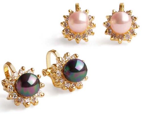 Pale Pink and Peacock Black 6mm Southsea Shell Pearl Clip-on Earrings, 18K YG Overlay