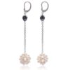 Black/White Long Dangling Leverback Earrings in Snowball Design, 925 Sterling Silver