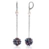 White/Black Long Dangling Leverback Earrings in Snowball Design, 925 Sterling Silver
