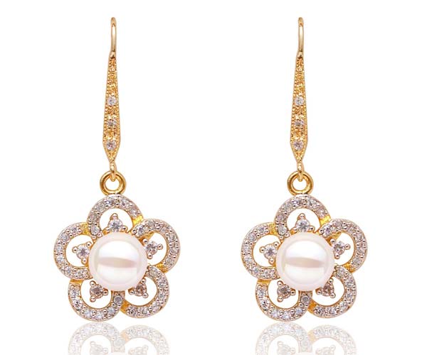 Long Dangling 89mm Pearl Earrings in Flower Design