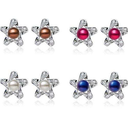 Chocolate, Cranberry, Grey and Navy Blue Star Shaped Button Pearl Stud Earrings,18K WG Overlay