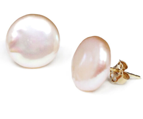 Mauve 11-12mm AAA Coin Pearl Stud Earrings, 14K Solid YG