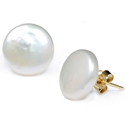 11-12mm AAA Coin Pearl Stud Earrings in 14K Solid Gold