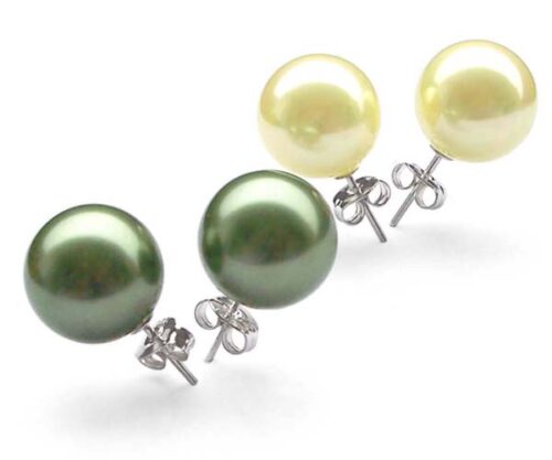 Peacock Green and Light Yellow 8mm to 14mm SSS Pearl 925 SS Studs Earrings