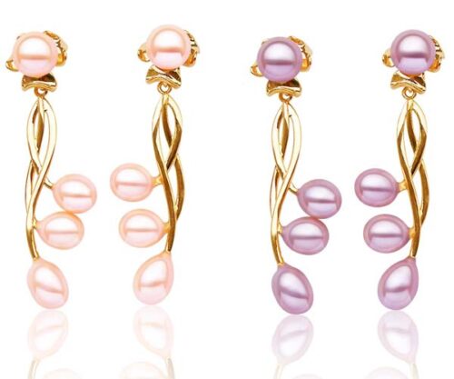 Baby Pink and Lavender Long Dangling 4 Real Pearl Earrings