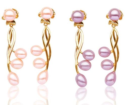 Baby Pink and Lavender Long Dangling 4 Real Pearl Earrings