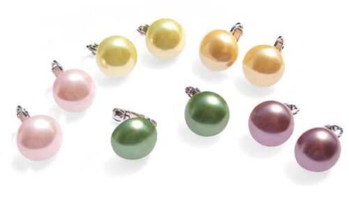 Light Pink, Olive Green, Lemon Yellow, Champagne, Green and Mauve Round Southsea Shell Mabe Pearl Clipped Earrings in 925 Sterling Silver