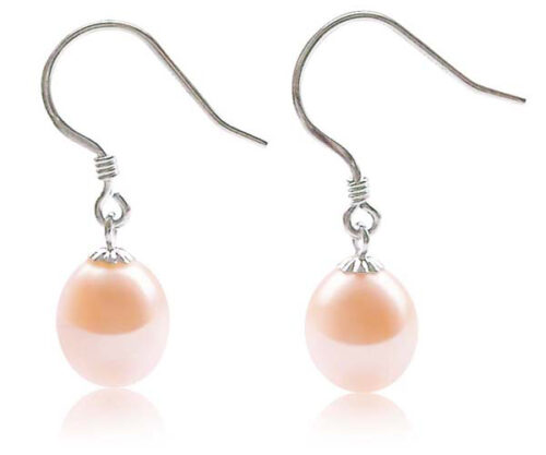 Pink 8-9mm AAA Quality Drop Pearl Earrings, 14k Solid Yellow Gold