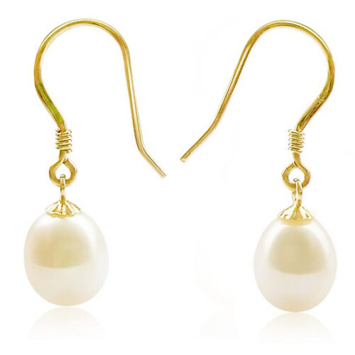 White 8-9mm Drop Pearl Earrings 14k Solid Yellow Gold