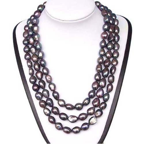 Versatile 10-11mm Black Baroque Pearl Necklace with a Silver Clasp 59inches