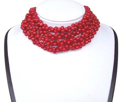 Red 4-Row Genuine Peanut Shaped Coral Necklace, 925 Sterling Silver