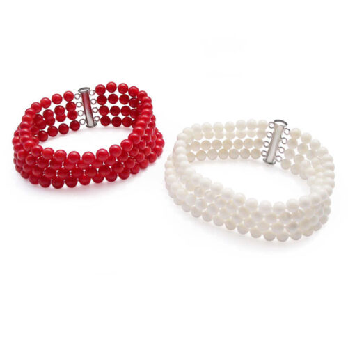 4-Row 5-6mm White or Red Coral Bracelet in 925 Silver