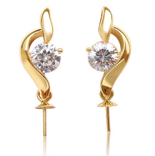 14K Solid Yellow Gold Earrings Setting in Curve Design, w/ zirconium diamond